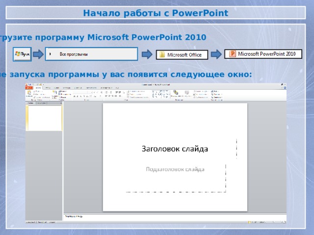 Начало работы с PowerPoint Загрузите программу Microsoft PowerPoint 2010 После запуска программы у вас появится следующее окно: 