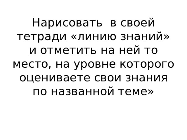 Нарисовать в своей тетради «линию знаний» и отметить на ней то место, на уровне которого оцениваете свои знания по названной теме» 