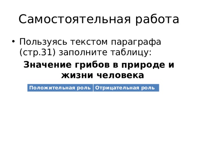 Самостоятельная работа Пользуясь текстом параграфа (стр.31) заполните таблицу: Значение грибов в природе и жизни человека Положительная роль Отрицательная роль 