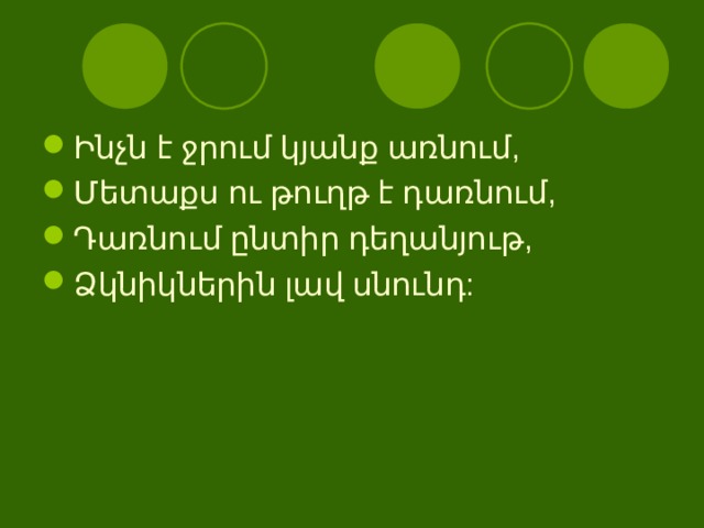 Ինչն է ջրում կյանք առնում, Մետաքս ու թուղթ է դառնում, Դառնում ընտիր դեղանյութ, Ձկնիկներին լավ սնունդ: 