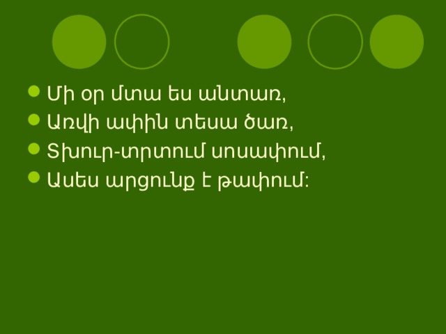 Մի օր մտա ես անտառ, Առվի ափին տեսա ծառ, Տխուր-տրտում սոսափում, Ասես արցունք է թափում: 