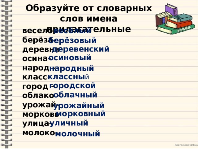 Образуйте от словарных слов имена прилагательные весёлый весело – берёза- деревня- осина- народ - класс- город – облако – урожай- морковь улица- молоко- берёзовый деревенский осиновый народный классны й городской облачный урожайный морковный уличный молочный 