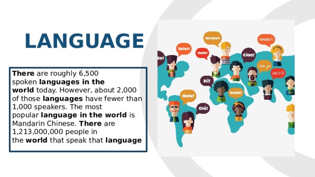 LANGUAGE There  are roughly 6,500 spoken  languages in the world  today. However, about 2,000 of those  languages  have fewer than 1,000 speakers. The most popular  language in the world  is Mandarin Chinese.  There  are 1,213,000,000 people in the  world  that speak that  language 