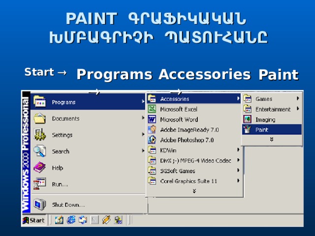 PAINT   ԳՐԱՖԻԿԱԿԱՆ ԽՄԲԱԳՐԻՉԻ ՊԱՏՈՒՀԱՆԸ Start  Programs  Accessories   Paint  