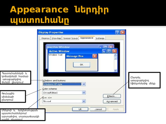 Appearance ներդիր պատուհանը Պատուհանների և կոճակների համար առաջարկվող ձևերի ընտրում Ընտրել առաջարկվող էֆեկտներից մեկը Գունային սխեմայի ընտրում Մենյուի և երկխոսության պատուհաններում արտածվող տառատեսակի չափի ընտրում 