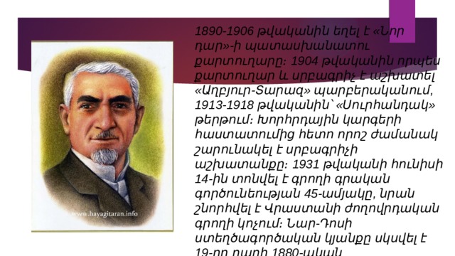 1890-1906 թվականին եղել է «Նոր դար»-ի պատասխանատու քարտուղարը։ 1904 թվականին որպես քարտուղար և սրբագրիչ է աշխատել «Աղբյուր-Տարազ» պարբերականում, 1913-1918 թվականին՝ «Սուրհանդակ» թերթում։ Խորհրդային կարգերի հաստատումից հետո որոշ ժամանակ շարունակել է սրբագրիչի աշխատանքը։ 1931 թվականի հունիսի 14-ին տոնվել է գրողի գրական գործունեության 45-ամյակը, նրան շնորհվել է Վրաստանի ժողովրդական գրողի կոչում։ Նար-Դոսի ստեղծագործական կյանքը սկսվել է 19-րդ դարի 1880-ական թվականներին։ 