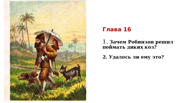 Глава 16   1. Зачем Робинзон решил поймать диких коз?   2. Удалось ли ему это?     