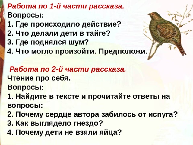 Работа по 1-й части рассказа. Вопросы: 1. Где происходило действие? 2. Что делали дети в тайге? 3. Где поднялся шум? 4. Что могло произойти. Предположи.   Работа по 2-й части рассказа. Чтение про себя. Вопросы: 1. Найдите в тексте и прочитайте ответы на вопросы: 2. Почему сердце автора забилось от испуга? 3. Как выглядело гнездо? 4. Почему дети не взяли яйца? 