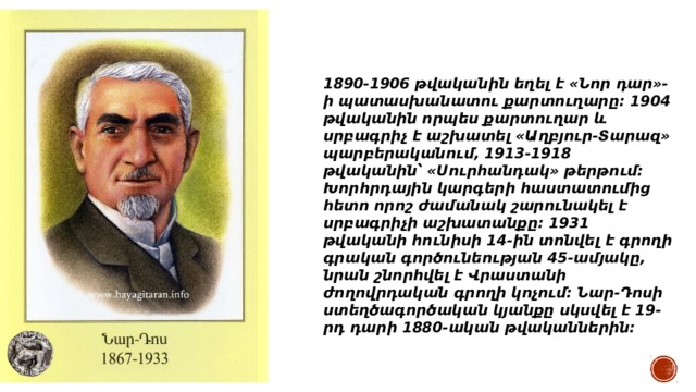 1890-1906 թվականին եղել է «Նոր դար»-ի պատասխանատու քարտուղարը։ 1904 թվականին որպես քարտուղար և սրբագրիչ է աշխատել «Աղբյուր-Տարազ» պարբերականում, 1913-1918 թվականին՝ «Սուրհանդակ» թերթում։ Խորհրդային կարգերի հաստատումից հետո որոշ ժամանակ շարունակել է սրբագրիչի աշխատանքը։ 1931 թվականի հունիսի 14-ին տոնվել է գրողի գրական գործունեության 45-ամյակը, նրան շնորհվել է Վրաստանի ժողովրդական գրողի կոչում։ Նար-Դոսի ստեղծագործական կյանքը սկսվել է 19-րդ դարի 1880-ական թվականներին։ 