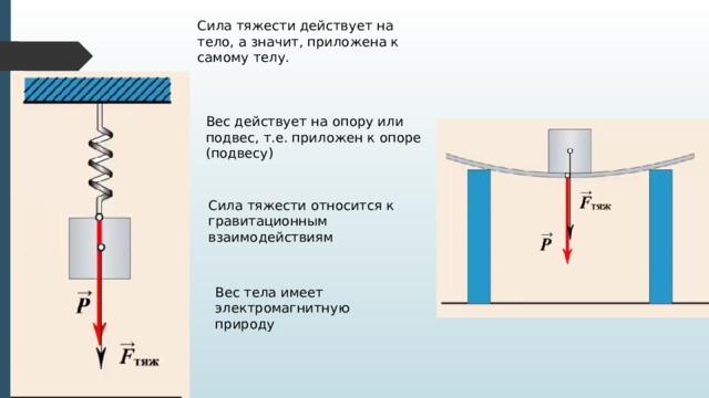 Сила тяжести действует на тело, а значит, приложена к самому телу. Вес действует на опору или подвес, т.е. приложен к опоре (подвесу) Сила тяжести относится к гравитационным взаимодействиям Вес тела имеет электромагнитную природу 