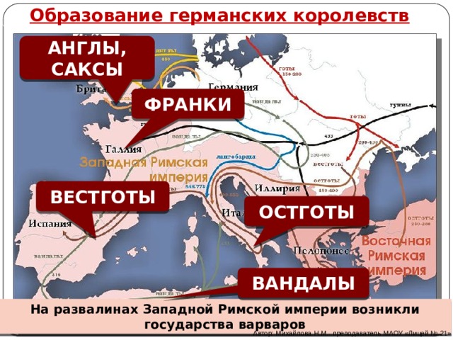 Образование германских королевств АНГЛЫ, САКСЫ ФРАНКИ ВЕСТГОТЫ ОСТГОТЫ ВАНДАЛЫ На развалинах Западной Римской империи возникли государства варваров Автор: Михайлова Н.М.- преподаватель МАОУ «Лицей № 21» 