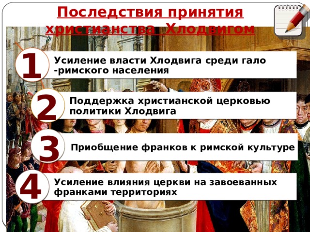 Последствия принятия христианства Хлодвигом 1 Усиление власти Хлодвига среди гало -римского населения 2 Поддержка христианской церковью политики Хлодвига 3 Приобщение франков к римской культуре 4 Усиление влияния церкви на завоеванных франками территориях Автор: Михайлова Н.М.- преподаватель МАОУ «Лицей № 21» 