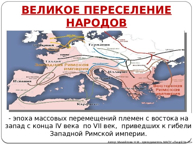 ВЕЛИКОЕ ПЕРЕСЕЛЕНИЕ НАРОДОВ - эпоха массовых перемещений племен с востока на запад с конца IV века по VII век, приведших к гибели Западной Римской империи. Автор: Михайлова Н.М.- преподаватель МАОУ «Лицей № 21» 