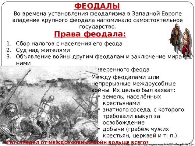 ФЕОДАЛЫ Во времена установления феодализма в Западной Европе владение крупного феодала напоминало самостоятельное государство. Права феодала: Сбор налогов с населения его феода Суд над жителями Объявление войны другим феодалам и заключение мира с ними Обеспечение безопасности вверенного феода Между феодалами шли непрерывные междоусобные войны. Их целью был захват: земель, населённых крестьянами знатного соседа, с которого требовали выкуп за освобождение добычи (грабёж чужих крестьян, церквей и т. п.). КТО СТРАДАЛ ОТ МЕЖДОУСОБНЫХ ВОЙН БОЛЬШЕ ВСЕГО? Автор: Михайлова Н.М.- преподаватель МАОУ «Лицей № 21» 