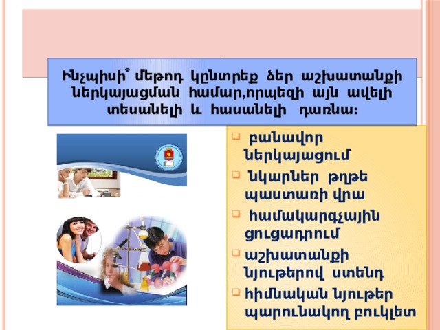                .         Պատկերացրեք,որ դուք պետք է ելույթ ունենաք դպրոցական ժողովի ժամանակ   Ինչպիսի ͒ մեթոդ կընտրեք ձեր աշխատանքի ներկայացման համար,որպեզի այն ավելի տեսանելի և հասանելի դառնա:  բանավոր ներկայացում  նկարներ թղթե պաստառի վրա  համակարգչային ցուցադրում աշխատանքի նյութերով ստենդ հիմնական նյութեր պարունակող բուկլետ 