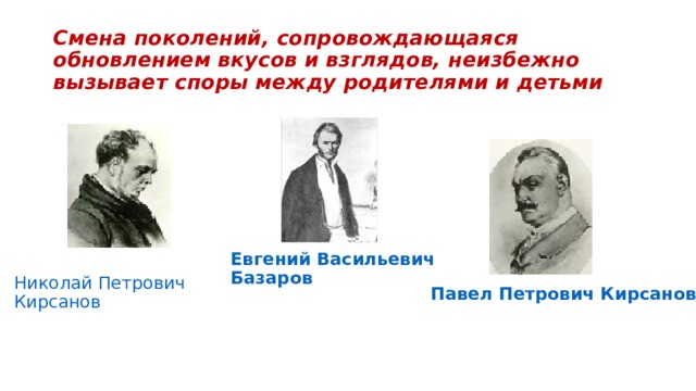 Смена поколений, сопровождающаяся обновлением вкусов и взглядов, неизбежно вызывает споры между родителями и детьми Евгений Васильевич Базаров Николай Петрович Кирсанов Павел Петрович Кирсанов 