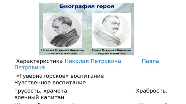   Характеристика Николая Петровича  Павла Петровича  «Гувернаторское» воспитание Чувственное воспитание Трусость, храмота Храбрость, военный капитан Женитьба- вдовец- Фенечка Княгиня Р. 