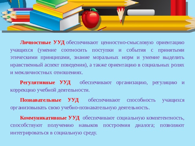 Личностные УУД  обеспечивают ценностно-смысловую ориентацию учащихся (умение соотносить поступки и события с принятыми этическими принципами, знание моральных норм и умение выделить нравственный аспект поведения), а также ориентацию в социальных ролях и межличностных отношениях. Регулятивные УУД  обеспечивают организацию, регуляцию и коррекцию учебной деятельности. Познавательные УУД     обеспечивают способность учащихся организовывать свою учебно-познавательную деятельность. Коммуникативные УУД   обеспечивают социальную компетентность, способствуют получению навыков построения диалога; позволяют интегрироваться в социальную среду.  