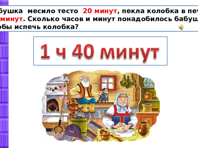 Бабушка месило тесто 20 минут , пекла колобка в печи 80 минут . Сколько часов и минут понадобилось бабушке, чтобы испечь колобка? 