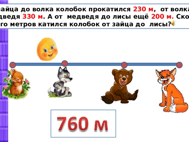 От зайца до волка колобок прокатился 230 м , от волка до  медведя 330 м . А от медведя до лисы ещё 200 м. Сколько  всего метров катился колобок от зайца до лисы? 
