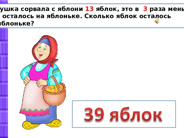 Бабушка сорвала с яблони 13 яблок, это в 3 раза меньше, чем осталось на яблоньке. Сколько яблок осталось на яблоньке? 