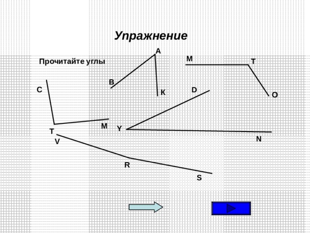 Упражнение А М Т Прочитайте углы В D С К О М Y Т N V R S 