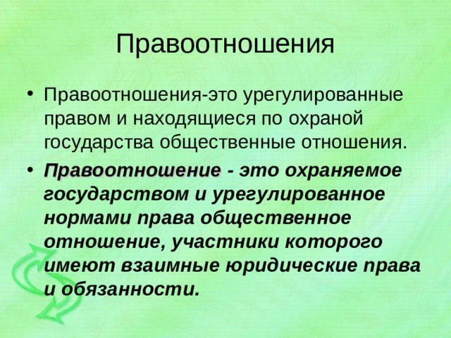 Правоотношения Правоотношения-это урегулированные правом и находящиеся по охраной государства общественные отношения. Правоотношение  - это охраняемое государством и урегулированное нормами права общественное отношение, участники которого имеют взаимные юридические права и обязанности.  