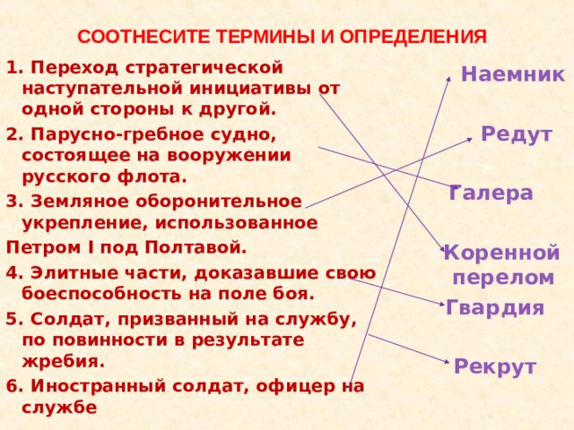 СООТНЕСИТЕ ТЕРМИНЫ И ОПРЕДЕЛЕНИЯ 1. Переход стратегической наступательной инициативы от одной стороны к другой. 2. Парусно-гребное судно, состоящее на вооружении русского флота. 3. Земляное оборонительное укрепление, использованное Петром I под Полтавой. 4. Элитные части, доказавшие свою боеспособность на поле боя. 5. Солдат, призванный на службу, по повинности в результате жребия. 6. Иностранный солдат, офицер на службе  Наемник   Редут  Галера   Коренной перелом Гвардия  Рекрут 