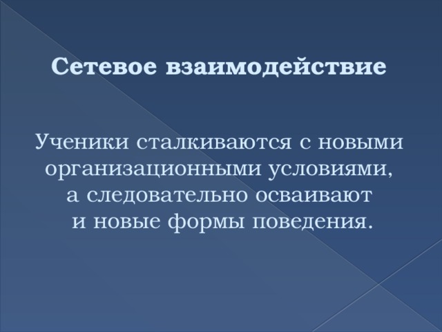 Сетевое взаимодействие Ученики сталкиваются с новыми организационными условиями, а следовательно осваивают и новые формы поведения. 