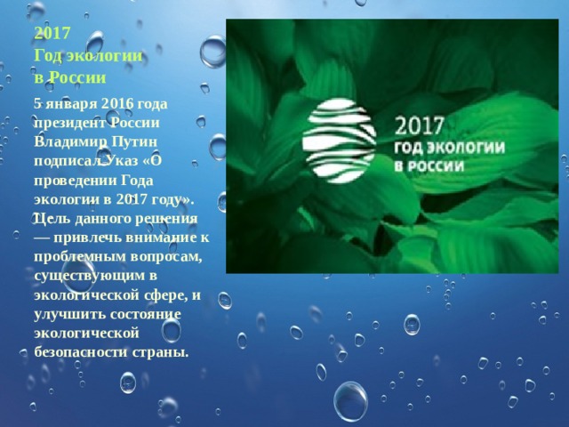 2017  Год экологии  в России 5 января 2016 года президент России Владимир Путин подписал Указ «О проведении Года экологии в 2017 году». Цель данного решения — привлечь внимание к проблемным вопросам, существующим в экологической сфере, и улучшить состояние экологической безопасности страны. 