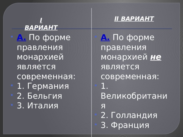 II ВАРИАНТ I ВАРИАНТ А. По форме правления монархией является современная: 1. Германия 2. Бельгия 3. Италия А. По форме правления монархией не является современная: 1. Великобритания 2. Голландия 3. Франция 