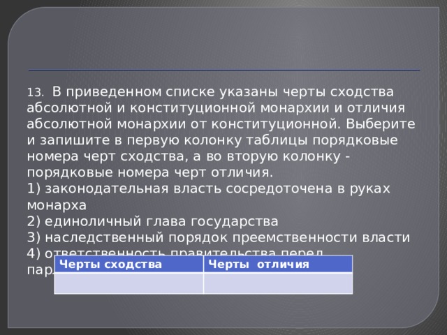13.  В приведенном списке указаны черты сходства абсолютной и конституционной монархии и отличия абсолютной монархии от конституционной. Выберите и запишите в первую колонку таблицы порядковые номера черт сходства, а во вторую колонку - порядковые номера черт отличия. 1) законодательная власть сосредоточена в руках монарха 2) единоличный глава государства 3) наследственный порядок преемственности власти 4) ответственность правительства перед парламентом Черты сходства Черты отличия 