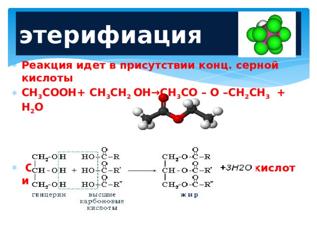 этерифиация Реакция идет в присутствии конц. серной кислоты  CH 3 COOH+ CH 3 CH 2 OH→CH 3 CO – O –CH 2 CH 3 + H 2 O      Синтез жира из высших карбоновых кислот и глицерина  