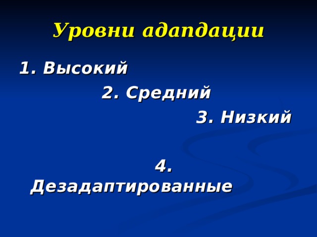 Уровни адапдации 1. Высокий  2. Средний  3. Низкий   4. Дезадаптированные   