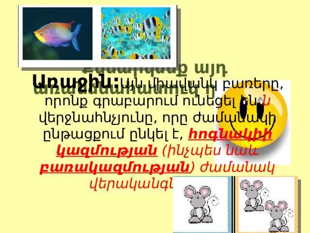 Քննարկենք այդ առանձնահատուկ դեպքերը Առաջին: Այն միավանկ բառերը, որոնք գրաբարում ունեցել են ն վերջնահնչյունը, որը ժամանակի ընթացքում ընկել է, հոգնակիի կազմության (ինչպես նաև բառակազմության ) ժամանակ վերականգնվում է: 