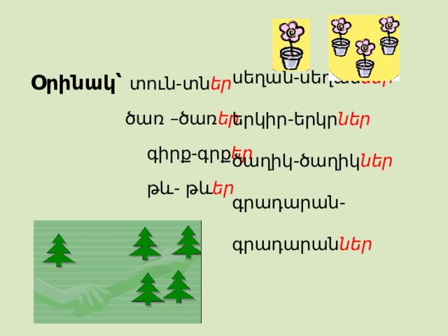 սեղան-սեղան ներ երկիր-երկր ներ ծաղիկ-ծաղիկ ներ գրադարան-գրադարան ներ Օրինակ՝ տուն-տն եր      ծառ –ծառ եր  գիրք-գրք եր  թև- թև եր 