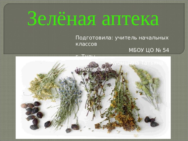 Зелёная аптека Подготовила: учитель начальных классов  МБОУ ЦО № 54 г. Тулы  Кубышина Татьяна Николаевна 