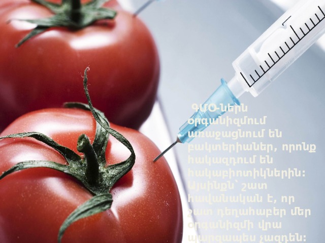   ԳՄՕ-ներն օրգանիզմում առաջացնում են բակտերիաներ, որոնք հակազդում են հակաբիոտիկներին: Այսինքն՝ շատ հավանական է, որ շատ դեղահաբեր մեր օրգանիզմի վրա պարզապես չազդեն: 
