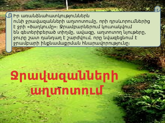 Իր առանձնահատկություններն ունի ջրավազանների աղտոտումը, որի դրսևորումներից է ջրի «ծաղկումը»։ Ջրամբարներում կուտակվում են գետերիբերած տիղմը, ավազը, աղտոտող նյութերը, ջուրը շատ դանդաղ է շարժվում, որը նվազեցնում է ջրամբարի ինքնամաքրման հնարավորությունը։ Ջրավազանների  աղտոտում 