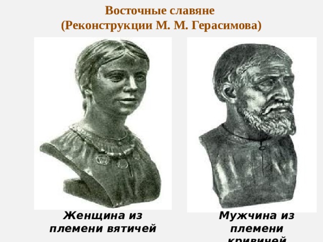 Восточные славяне (Реконструкции М. М. Герасимова) Женщина из племени вятичей Мужчина из племени кривичей 