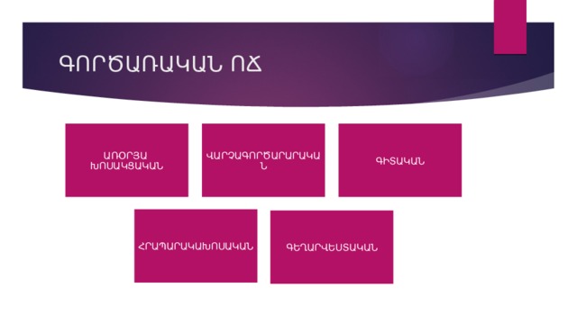 ԳՈՐԾԱՌԱԿԱՆ ՈՃ ԱՌՕՐՅԱ ԽՈՍԱԿՑԱԿԱՆ ՎԱՐՉԱԳՈՐԾԱՐԱՐԱԿԱՆ ԳԻՏԱԿԱՆ ՀՐԱՊԱՐԱԿԱԽՈՍԱԿԱՆ ԳԵՂԱՐՎԵՍՏԱԿԱՆ 