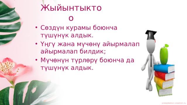 Жыйынтыктоо Сөздүн курамы боюнча түшүнүк алдык. Үңгү жана мүчөнү айырмалап айырмалап билдик; Мүчөнүн түрлөрү боюнча да түшүнүк алдык. 