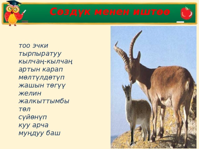 Сөздүк менен иштөө тоо эчки тырпыратуу кылчаң-кылчаң артын карап мөлтүлдөтүп жашын төгүү желин жалкыттымбы төл сүйөнүп куу арча муңдуу баш 