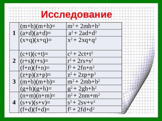 Исследование (m+h)(m+h)= 1 (a+d)(a+d)= m 2 + 2mh+h 2  a 2 + 2ad+d 2 (x+q)(x+q)= x 2 + 2xq+q 2 2 (c+t)(c+t)= c 2 + 2ct+t 2 (r+s)(r+s)= r 2 + 2rs+s 2 (f+n)(f+n)= f 2 + 2fn+n 2 3 (z+p)(z+p)= z 2 + 2zp+p 2 (m+b)(m+b)= m 2 + 2mb+b 2 (g+h)(g+h)= g 2 + 2gh+h 2 4 (n+m)(n+m)= n 2 + 2nm+m 2 (s+v)(s+v)= s 2 + 2sv+v 2 (f+d)(f+d)= f 2 + 2fd+d 2 