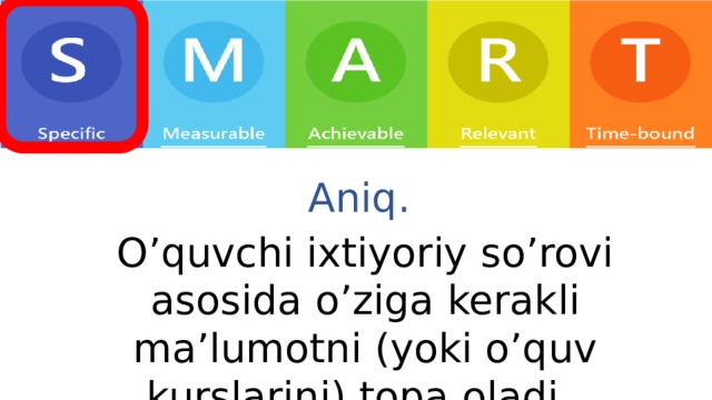 Aniq. O’quvchi ixtiyoriy so’rovi asosida o’ziga kerakli ma’lumotni (yoki o’quv kurslarini) topa oladi. 