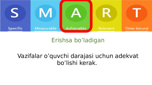 Erishsa bo’ladigan Vazifalar o’quvchi darajasi uchun adekvat bo’lishi kerak. 
