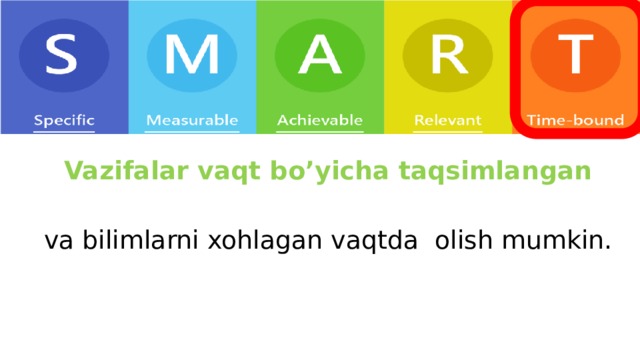 Vazifalar vaqt bo’yicha taqsimlangan va bilimlarni xohlagan vaqtda olish mumkin. 
