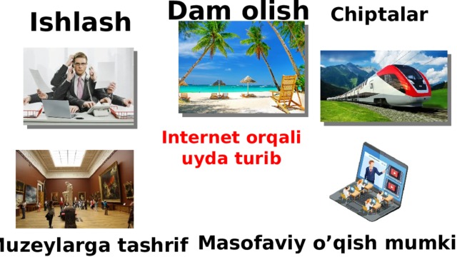 Dam olish Chiptalar Xarid qilish Ishlash Internet orqali uyda turib Masofaviy o’qish mumkin Muzeylarga tashrif 