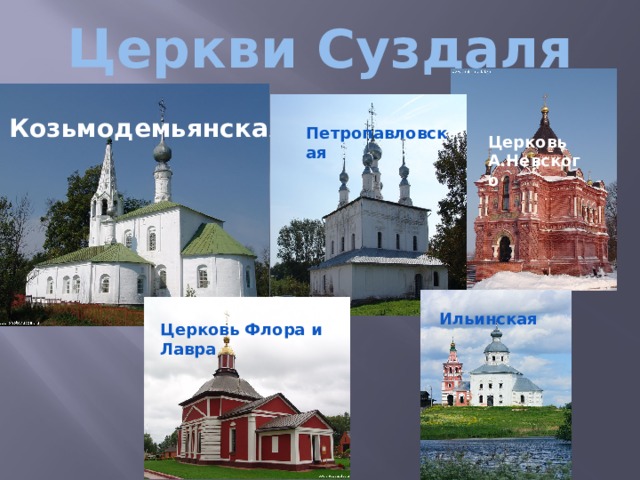 Церкви Суздаля Козьмодемьянская  Церковь А.Невского Петропавловская Ильинская Церковь Флора и Лавра  