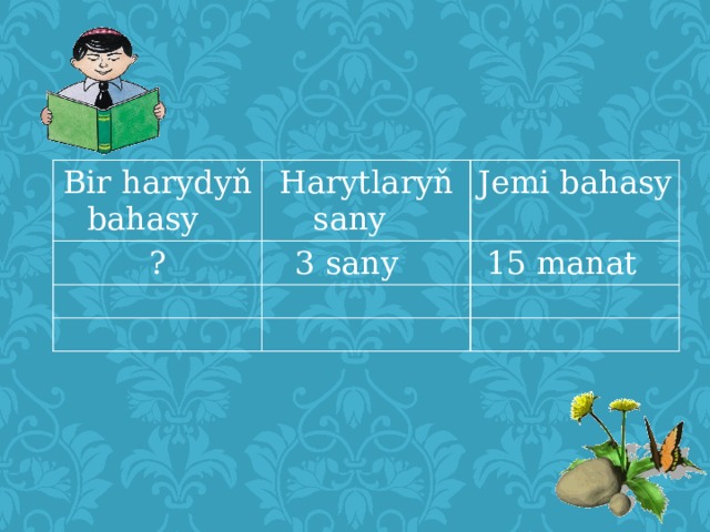 Bir harydyň bahasy  Harytlaryň sany  ? Jemi bahasy  3 sany  15 manat  